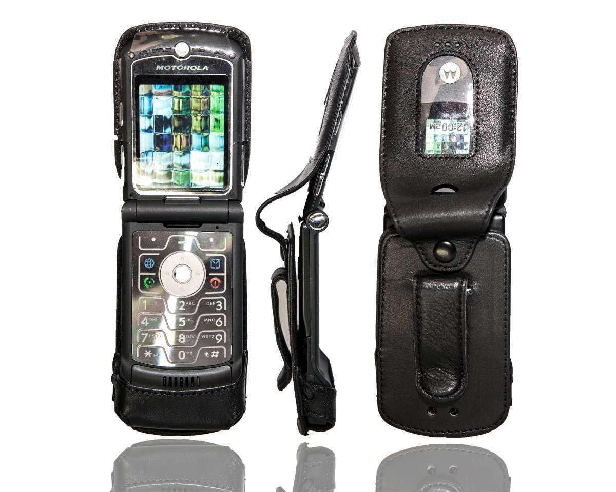 caseroxx Leather-Case with belt clip compatible with Motorola Razr V3 made from genuine leather, Pouch with belt clip and viewing window in black