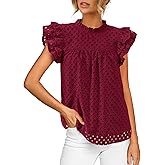 BTFBM Casual Summer Tops for Women 2026 Short Ruffle Sleeves Shirts Crew Neck Hollow Out Lace Embroidered Blouses