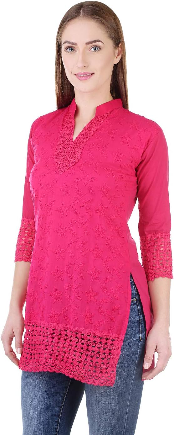 Haniya Chikankari Embroidered Women's Short Length Cotton Kurta/Kurti With Extended Crochet Sleeves