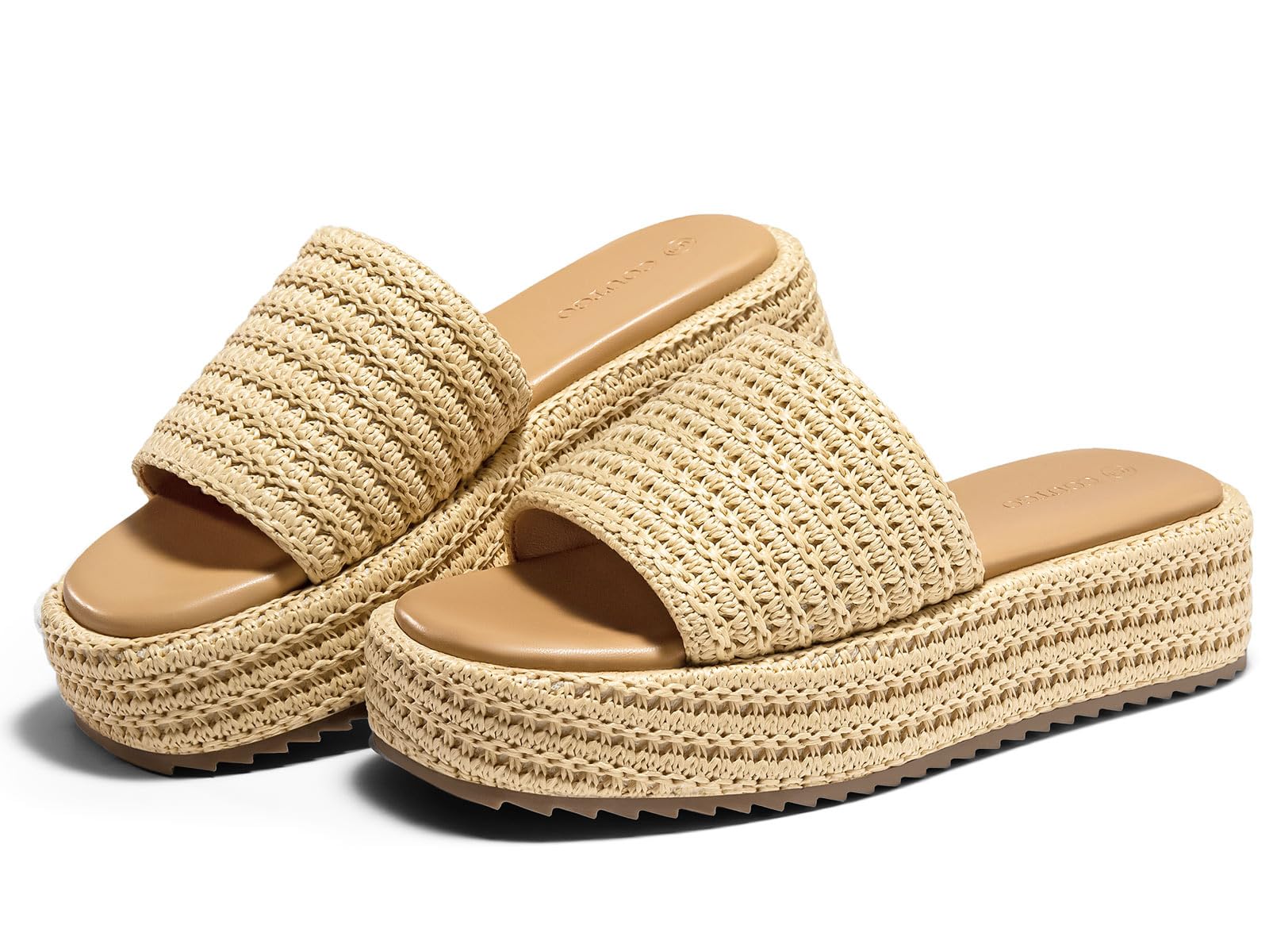 Photo 1 of Coutgo Womens Platform Sandals Raffia Espadrilles Slip on Open Toe Cute Boho Summer Beach Slide Sandals, Apricot Raffia, Size 9