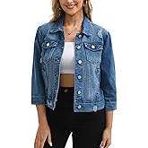 CIMUK Women Cropped Jean Jacket 3/4 Sleeve Button Down Spring Casual Washed Denim Jacket
