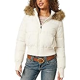 Wyeysyt Women's Cropped Puffer Jacket Winter Quilted Jacket with Faux Fur Trim Hood Bomber Coat(Beige-L)
