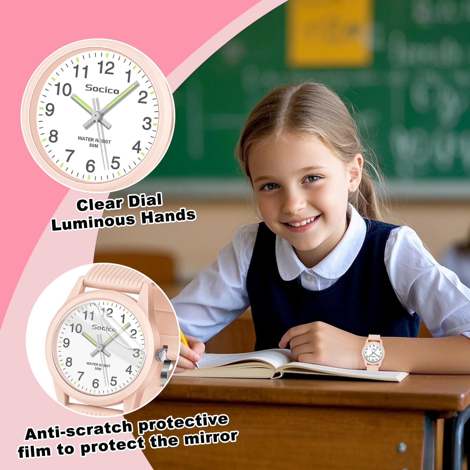 SOCICO Kids Analog Watch for Boys Girls, Easy to Read Learning Time Watch, 50M Waterproof, Soft Band Wristwatch for Ages 4-12, Great Gift for Children