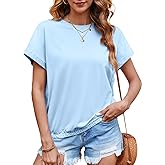 Tankaneo Women Short Cap Sleeve Tops Summer Casual Banded Sweatshirt Crew Neck Loose Fit T-Shirts