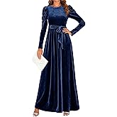 ZESICA Women's Velvet Maxi Dress Fall 2026 Long Puff Sleeve Crew Neck Elastic High Waist Cocktail Party Bridesmaid Dresses