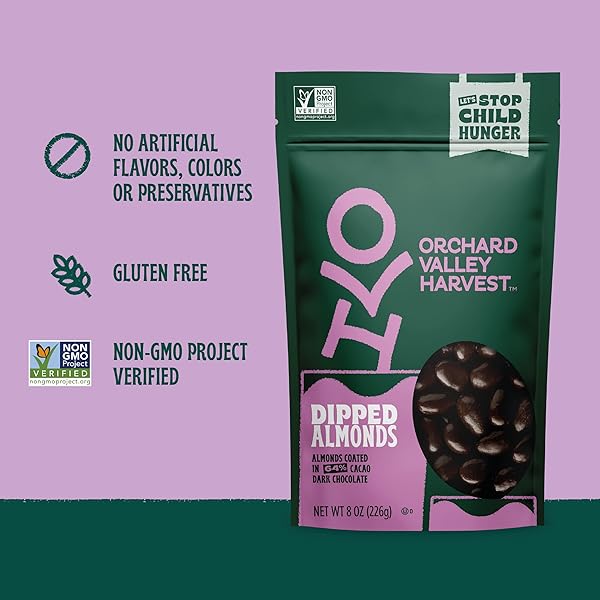 ORCHARD VALLEY HARVEST DARK CHOCOLATE COVERED ALMONDS, 2 OUNCE BAG, GLUTEN FREE, NON-GMO, NO ARTIFICIAL INGREDIENTS