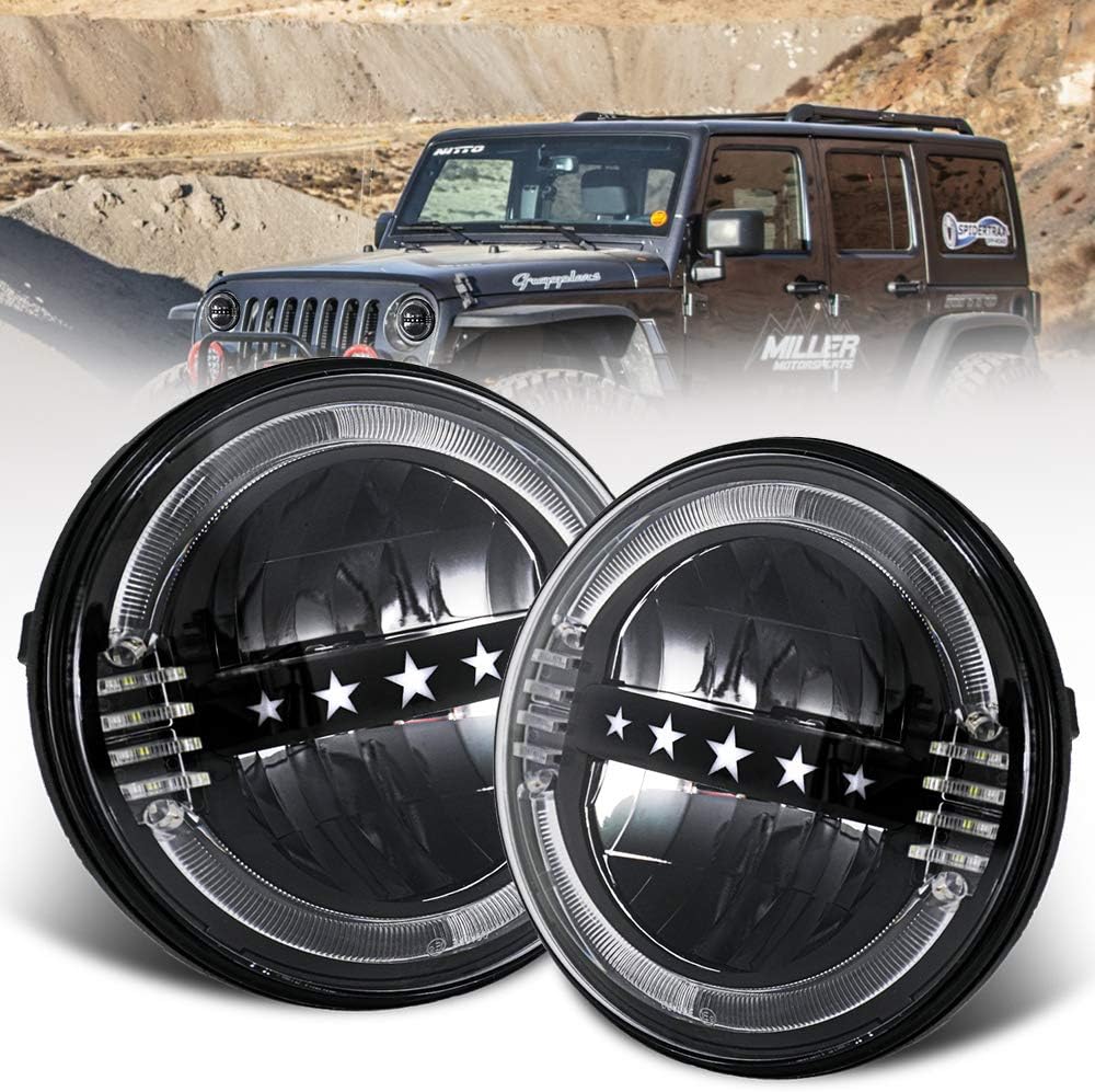 New 7 inch LED Headlight Super Pure White 2PCS E-MARK Approved 6500K Hi/lo Beam 2 color lamp White Amber Halo for Jeep Wrangler JK LJ CJ TJ Headlamps Hummer H1 H2, UNI-SHINE J007W-pair