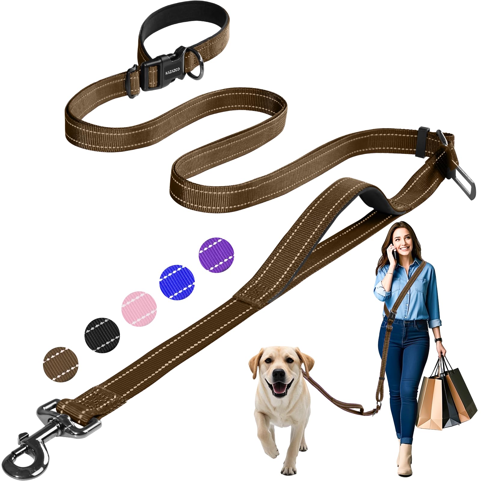 Photo 1 of Kazazoo Hands-Free Dog Leash with Adjustable Length 6-9FT + Dual Padded Handles Reflective Safety for Walking, Jogging & Training| Suitable for Medium to Large Dogs & Puppies Brown-L