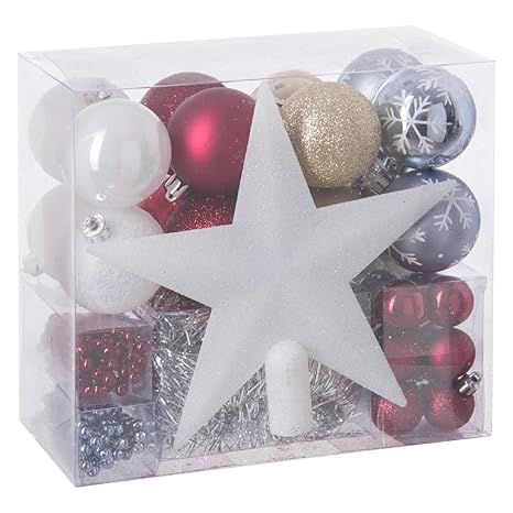 44 Teiliges Weihnachtsdeko Set Für Den Tannenbaum Weiß Rot Silber Hellblau Und Gold Girlanden Kugeln Und Sternbaumspitze