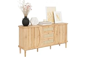 Ceecysaa Buffet Sideboard Cabinet with Sliding Doors, Farmhouse Buffet Table Coffee Bar Cabinet with 3 Rattan Drawers for Din