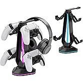 Saitake RGB Controller Holder with 9 Light Modes,Controller Stand with 2 USB Ports,Headset Stand for Desk-Headphone Holder Suitable for All Headphones and Controllers
