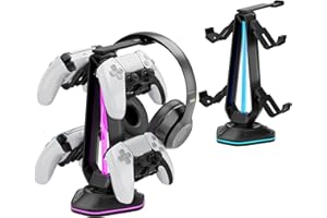 Saitake RGB Controller Stand with 9 Light Modes,Controller Holder with 2 USB Ports,Headset Stand for Desk-Headphone Holder Su