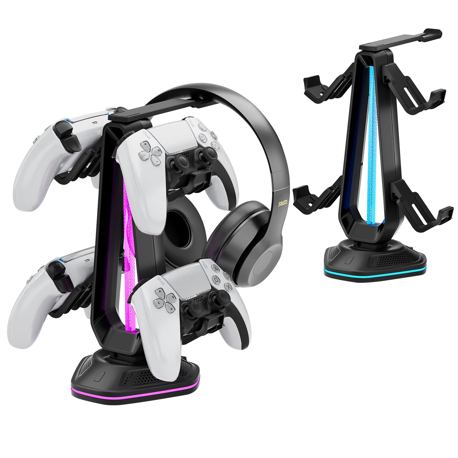 Saitake RGB Controller Holder with 9 Light Modes,Controller Stand with 2 USB Ports,Headset Stand for Desk-Headphone Holder Suitable for All Headphones and Controllers