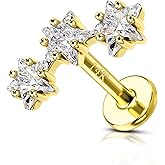 COCHARM 14K Real Gold Star Helix Cartilage Conch Earring Stud 16g Flat Back Solid Gold Helix Conch Piercing Jewelry 16g 6mm 8mm 14Kt Cartilage Stud Jewelry Internally Threaded