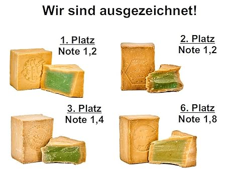Carenesse® original Aleppo Seifen TESTSIEGER Paket 4 x 200 g TOP-Plätze 1, 2, 3, 6, Lorbeerölanteil 5%, 15%, 20%, 40%, Oliven