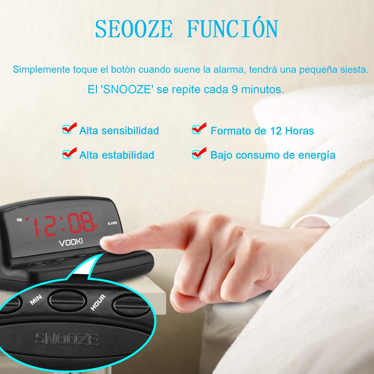 VOOKI Despertador Digital con Cable, Reloj Electrónico con Luz de Mesilla Formato de 12 Horas, Pantalla de Dígitos Rojos, Negro