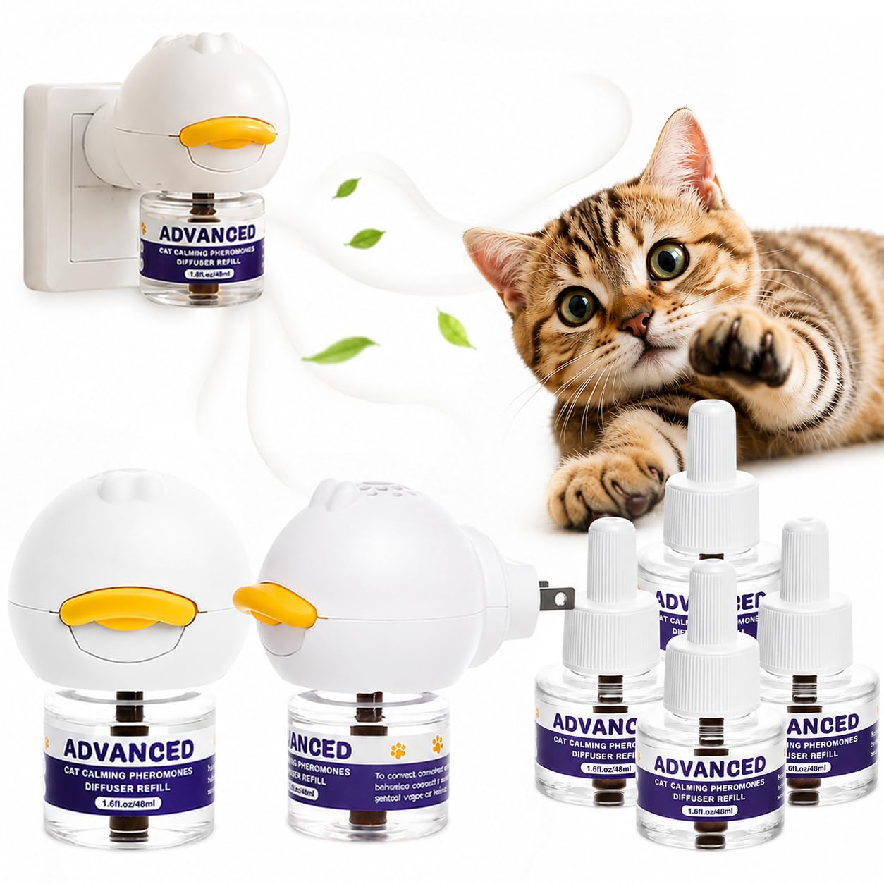 Cat Calming Diffuser with Advanced Pheromone Technology, 120 Days Plug in Diffuser for Multi Cat Home, Reduce Stress, Urine Spraying, Scratching, Hiding, Support Calm Behavior, 2 Diffusers, 4 Refills
