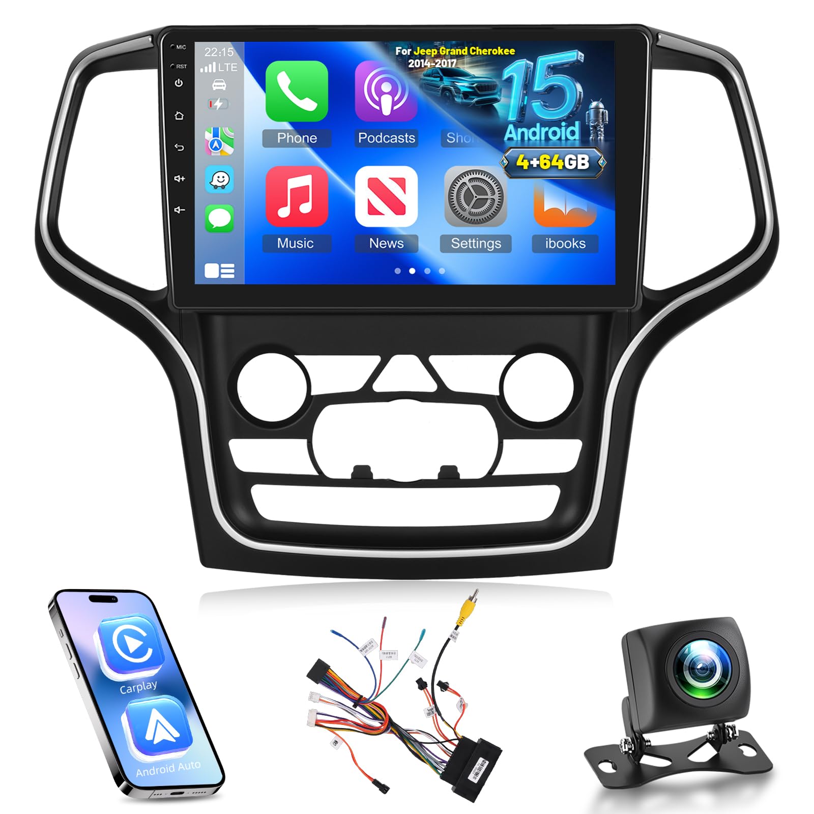 Photo 1 of 4+64G Android Car Stereo for Jeep Grand Cherokee 2014 2015 2016 2017 (W/T Big Screen) - 10 Inch IPS Touchscreen Radio with Carplay & Android Auto, 32 EQ DSP/WiFi/GPS/SWC + AHD Rear View Camera