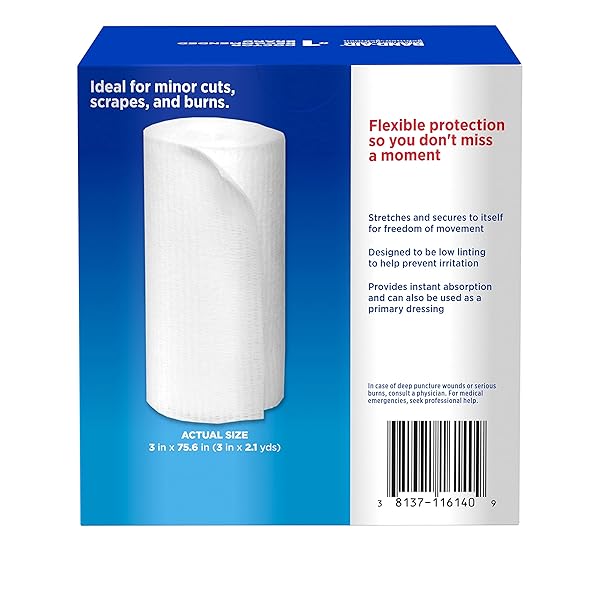 BAND-AID BRAND OF FIRST AID PRODUCTS FLEXIBLE ROLLED GAUZE DRESSING FOR MINOR WOUND CARE, SOFT PADDING AND INSTANT ABSORPTION, 3 INCHES BY 2.1 YARDS, VALUE PACK 5 CT