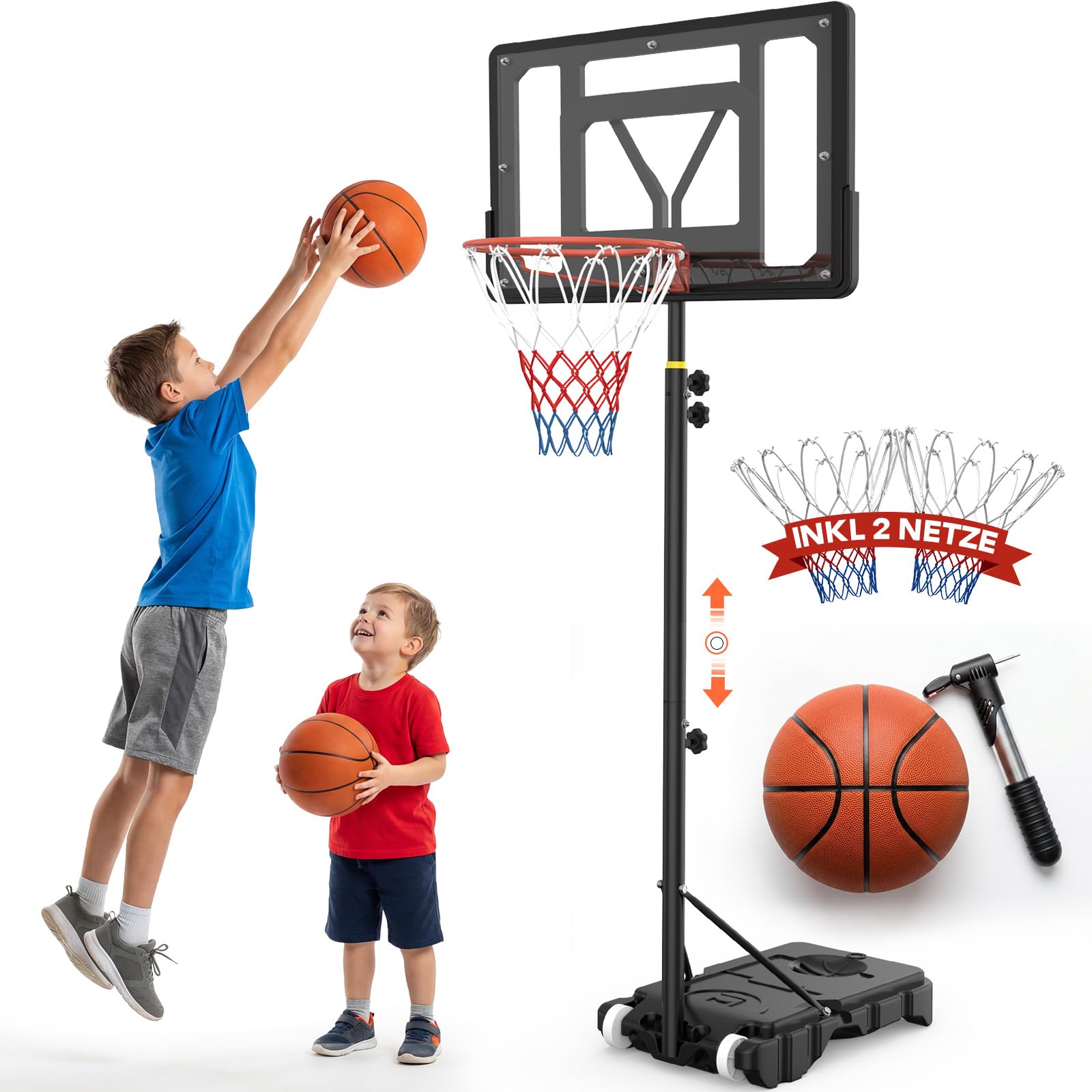 vcloo Basketballkorb Outdoor für Kinder: 155-210 cm Höhenverstellbar für Kinder 4-14 Jahre - Inkl. 2X Netze, Basketball & Pumpe - Basketballkörbe mit Ständer für Indoor Outdoor Garten Hof Garage