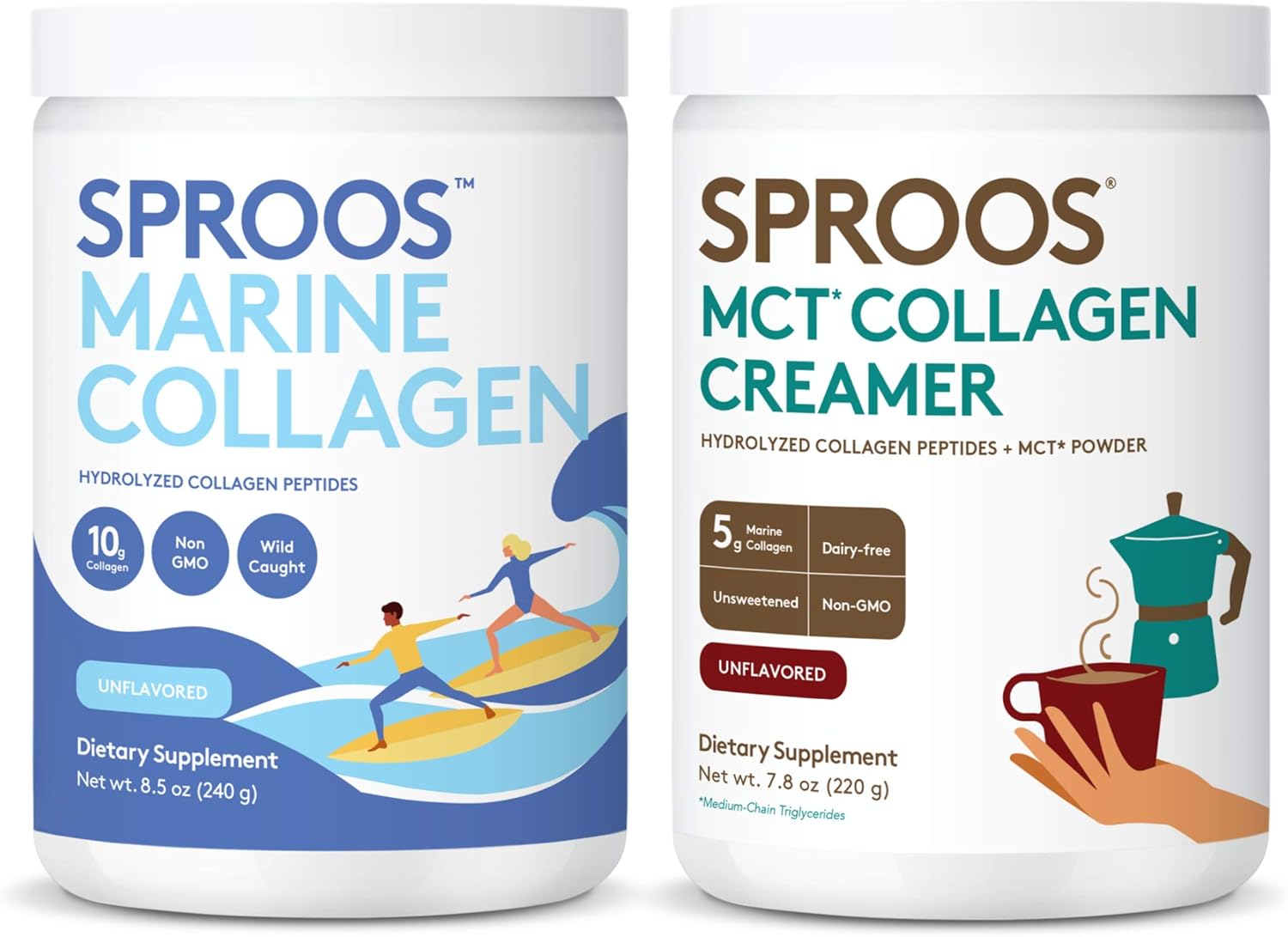 Sproos Premium Marine Collagen Powder 8.5 Oz Tub + MCT Collagen Creamer | Unflavored