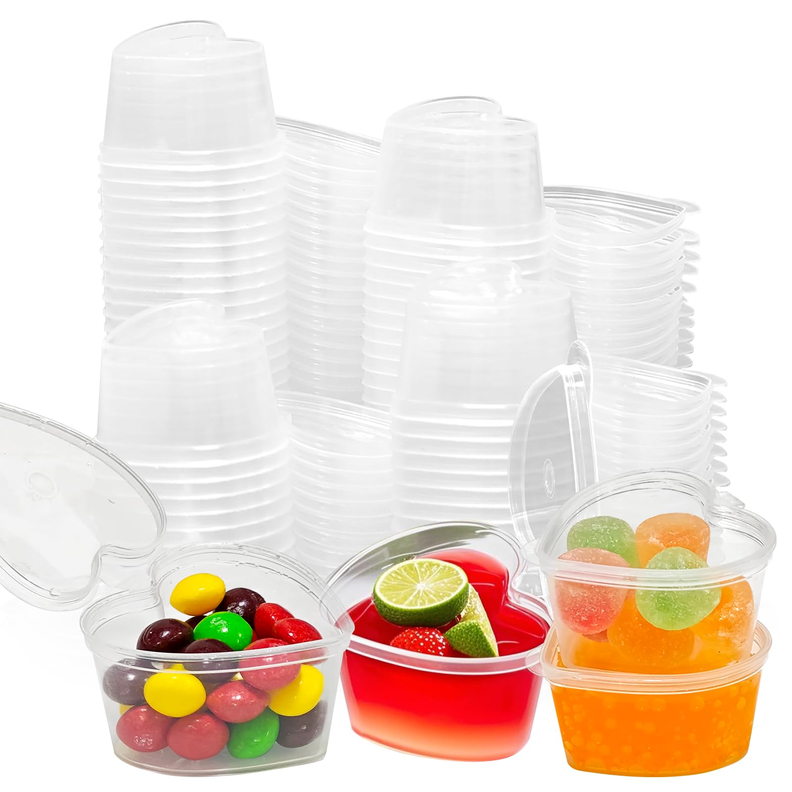 Photo 1 of 100 Sets 1.5 oz Heart Shaped Jello Shot Cups with Lids, Disposable Plastic Cups,Small Condiment Containers,Plastic Souffle Cup, Mini Sample Tasting Cups, Dipping Sauce Cup To Go Bowls, Clear
