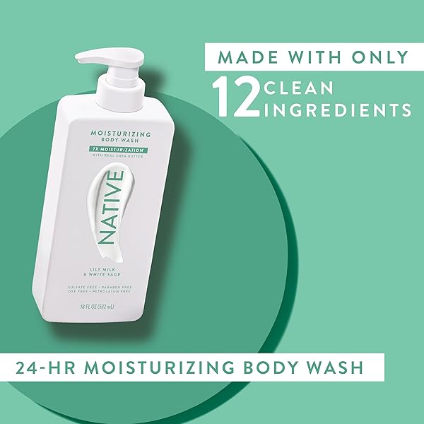 NATIVE MOISTURIZING BODY WASH CONTAINS NATURALLY DERIVED INGREDIENTS | FOR WOMEN & MEN, SULFATE, PARABEN, & DYE FREE LEAVING SKIN SOFT AND HYDRATED | LILY MILK & WHITE SAGE 18 OZ