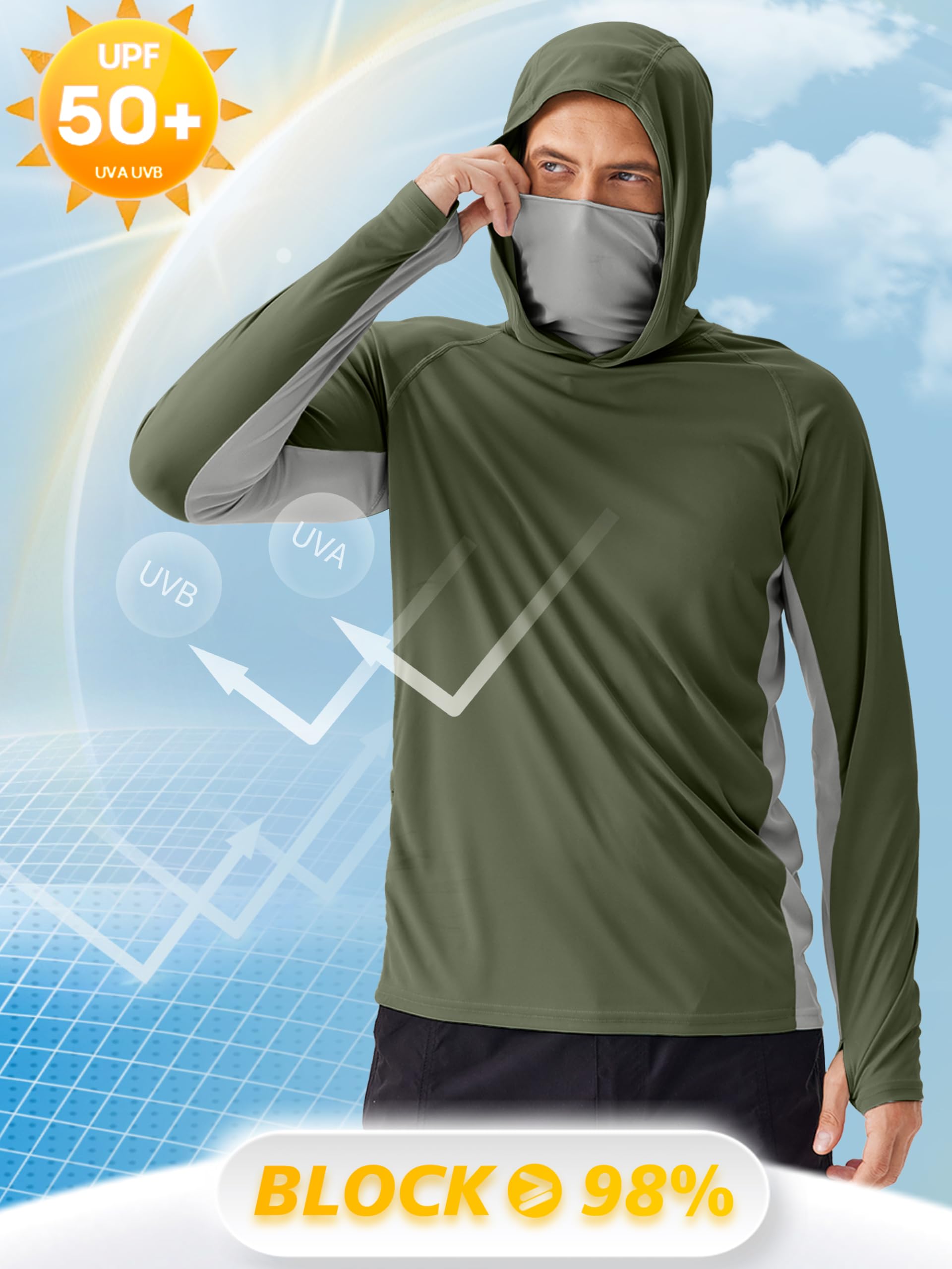 Men's Sun Protection Hoodie with Mask UPF 50+ Fishing Shirts for Men - UV Long Sleeve Shirt Men for Running Athletic Workout M Army Green