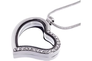 RUBYCA Living Memory Heart Locket Snake Chain Necklace Crystal Floating Charm DIY Silver Tone 5Pcs