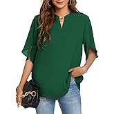 FUNLINGO Women's Summer Tops Short Sleeve Casual Shirts V Neck Chiffon Dressy Blouse Tops