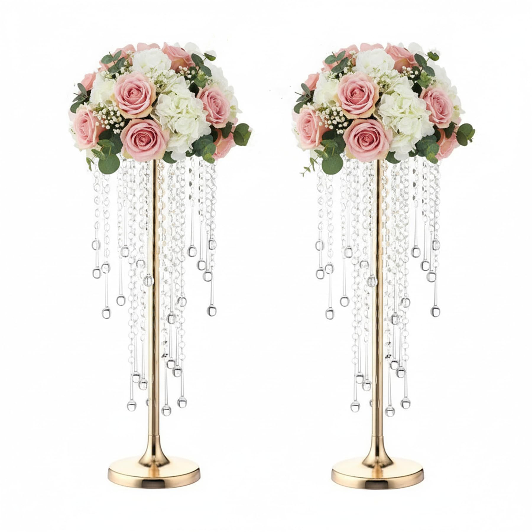 Wedding Centerpieces Stands for Tables, Gold Tall Metal Flower Candle Holder Stand with Crystals Set of 2 Event Lead Road Candleholders for Wedding Party Dinner Table Decor (Gold/21.6”)