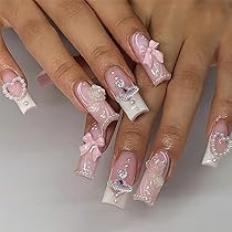 Amazon.com: 24 uñas largas cuadradas a presión, uñas postizas con ...