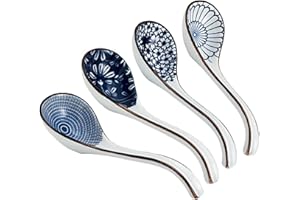 Ceramic Soup Spoons Sets of 4,Asian Soup Spoons,Long Ramen spoons,Japanese soup spoons for Pho,Wonton,Noodles,Chinese Ceramic