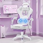 HOFFREE Gaming Chair for Girls Massage Computer Chair with Cat Ears-Purple | Cute Computer Office Chair Ergonomic Reclining Gamer Chair with Footrest Lumbar Support PC Game Chairs for Women Adults
