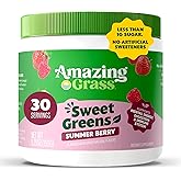 Amazing Grass Sweet Greens and Superfoods Powder for Digestive Health, Greens Powder, Digestive Enzymes, Probiotics, Spirulina, Chlorella, Summer Berry, 30 Servings