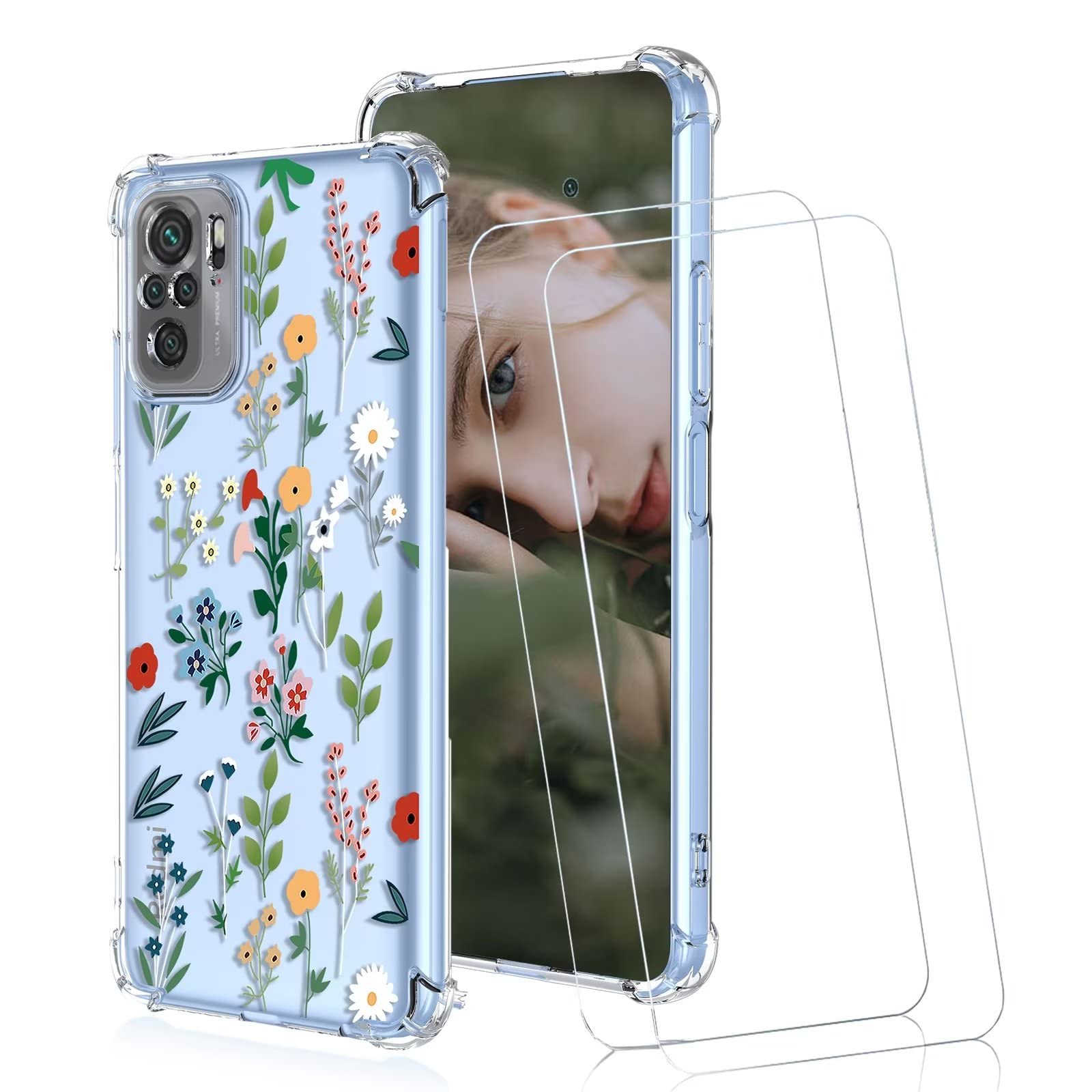 ESONG Case For Xiaomi Poco M5s/Redmi Note 10 4G/Note 10S For Girl Woman,Slim Transparent Soft Tpu Silicone Bumper Shockproof Protective Clear Phone Cover With 2*Screen Protector-flower/grass
