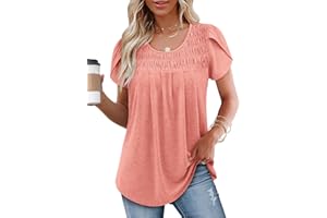 KISSMODA Womens T Shirts Short Sleeve Pleated Dressy Casual Tunic Tops Crew Neck Summer Loose Blouses