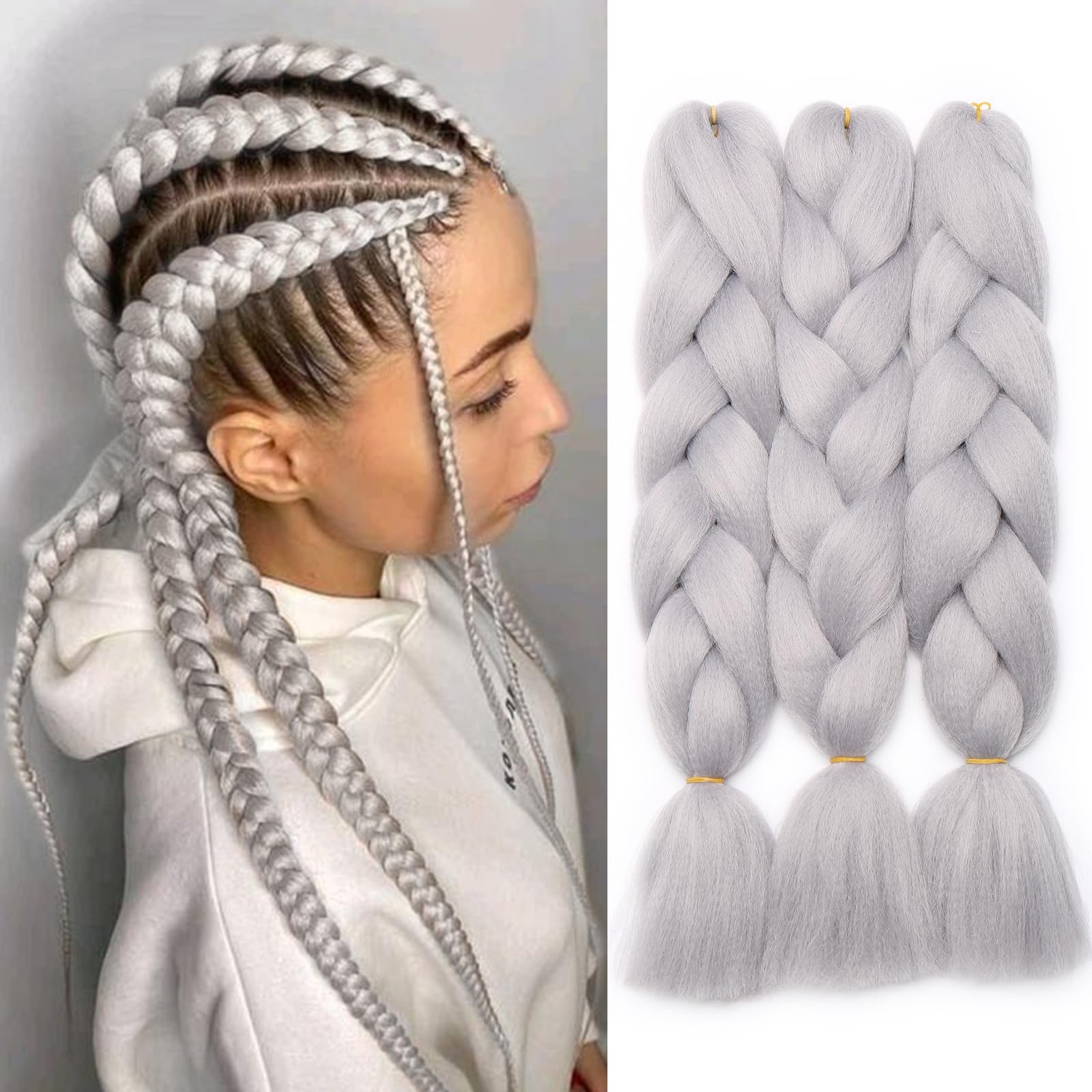 Silk-co 3 Pieces Braiding Hair Ombre Afro Twist Braid Hair Extensions Crochet Box Synthetic Jumbo Braids 24inches [300g-Light Grey] — image 1
