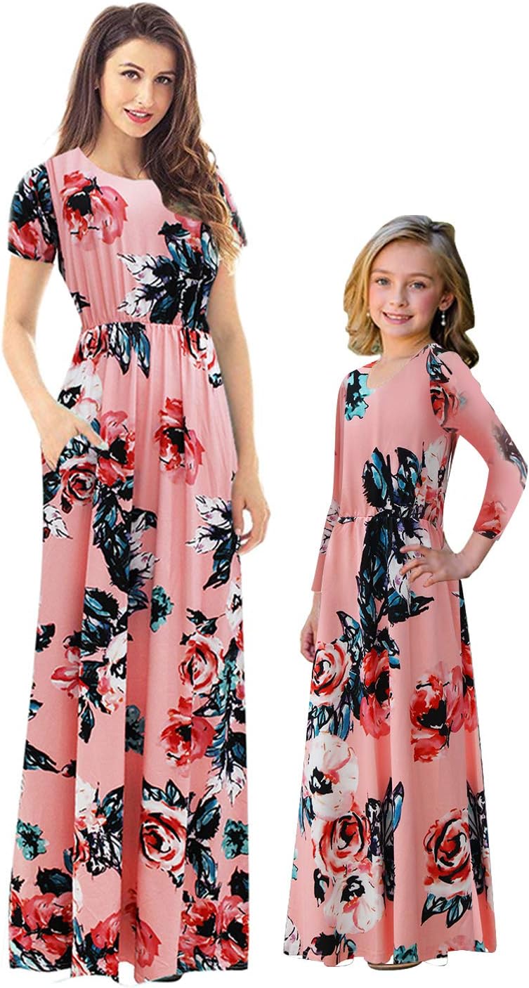 Mommy and Me Maxi Dresses 3/4 Sleeve Bohemia Rose Floral Matching Outfits with Pocket