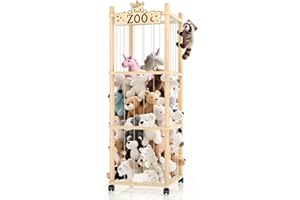 VECXOTY Stuffed Animal Storage Zoo Tower,56In Wooden Large Stuffed Animal Holder Organizer with Wheels,Stuffy Plushies Storage with Elastic Band&Mesh Bottom,Toy Storage Organizers for Playroom Bedroom Nursery