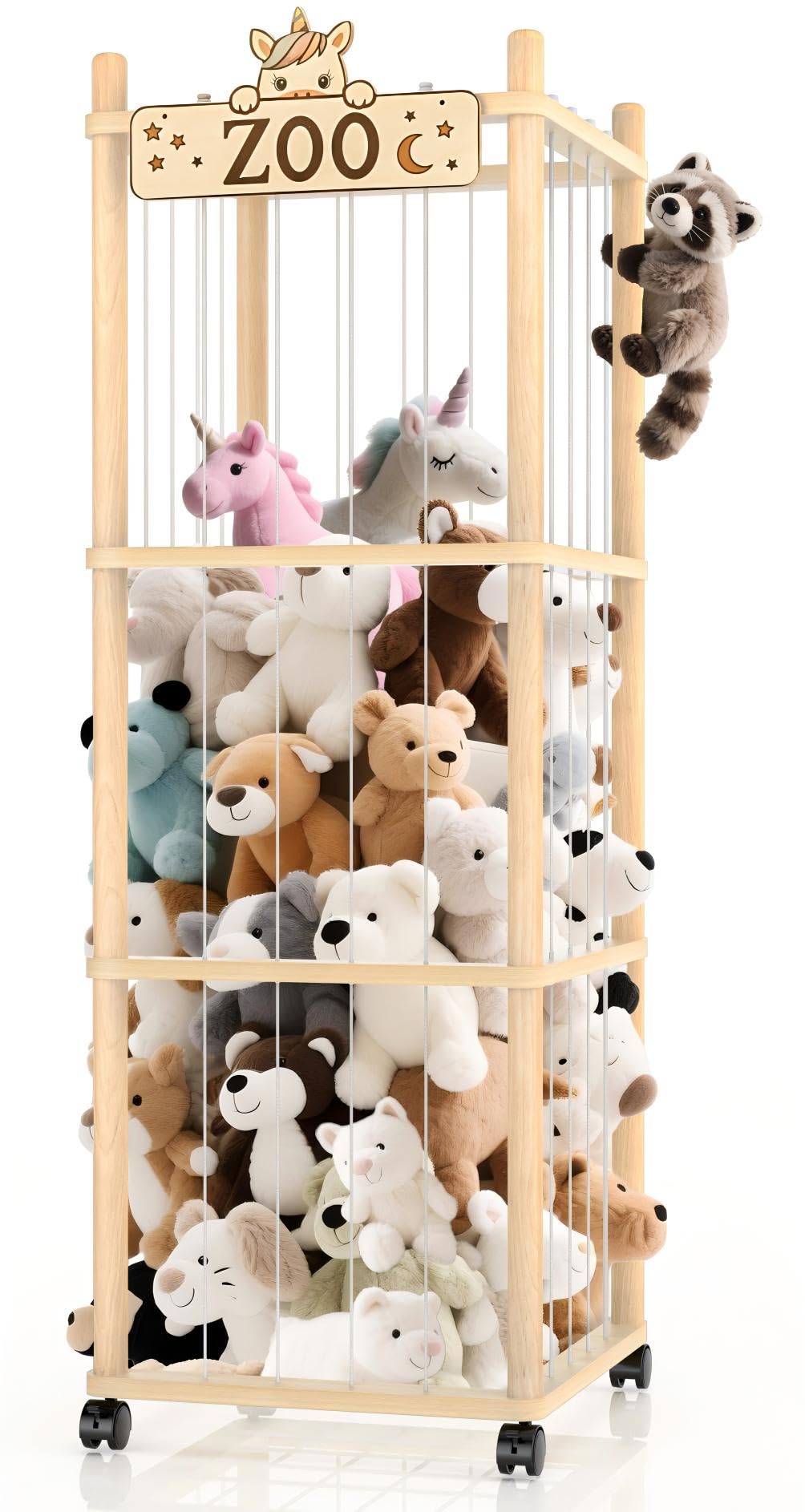 Photo 1 of Stuffed Animal Storage Zoo Tower,56In Wooden Large Stuffed Animal Holder Organizer with Wheels,Stuffy Plushies Storage with Elastic Band&Mesh Bottom,Toy Storage Organizers for Playroom Bedroom Nursery