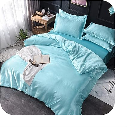 Amazon 高級シルク100 寝具セット キング クイーン ツイン 3 4 5ピース ベッドリネン 無地サテン寝具 掛け布団カバー付き ベッドシーツ枕カバー ウォーターブルー キングサイズ 4点 寝具カバーセット オンライン通販