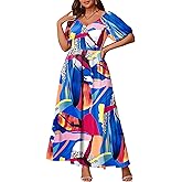 FANDEE Plus Size Maxi Dress for Women Casual V Neck Printed Long Dresses Puff Sleeves Long Beach Dress