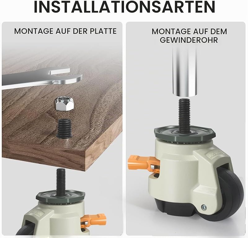 Nivellierrollen Schwerlastrollen mit Gewinde M12X30 Tragfähigkeit 1000KG, 4er Set 50MM Lenkrollen mit Ratschengriff-Design, 360-Grad-Möbelrollen Schwerlast für Maschine, Ausrüstung, Regale