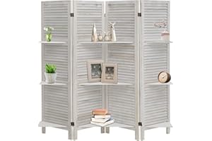 ECOMEX Room Divider 4 Panel Indoor Room Screens with Shelves Wood Folding Partition Room Dividers Privacy Screen 5.8FT Freestanding Wall Divider for Home, Bedroom, Office, Studio, Apartment, White