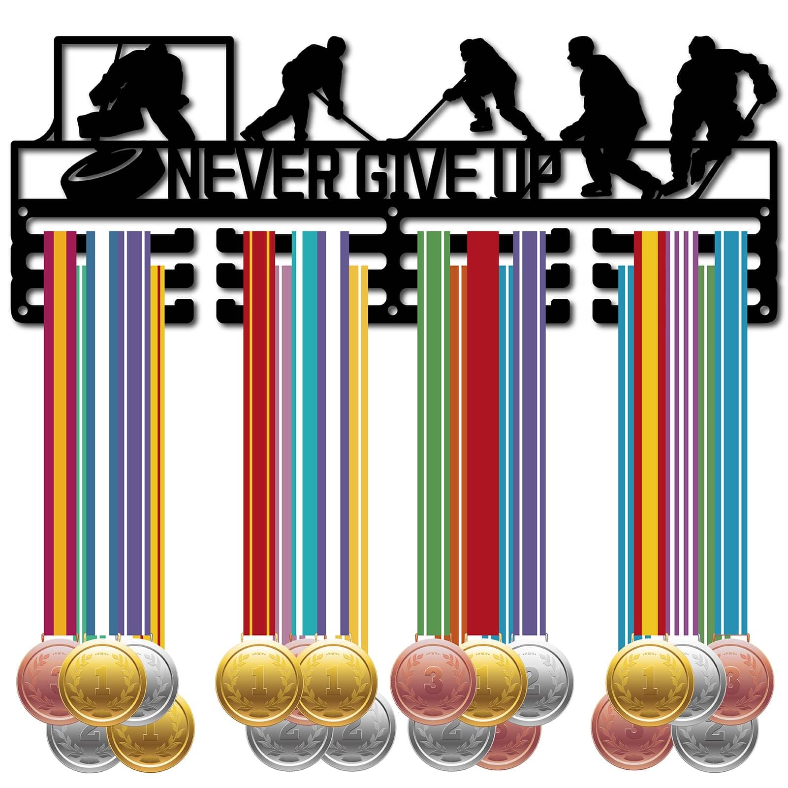 CREATCABIN Ice Hockey Medal Holder Display Hanger Rack Medal Wall Mount Frame Shelf Sports Medals Hanger Black Wall Decor Medal Organizer Rack for Success Celebration Ribbon 15.7 x 6Inch-NEVER GIVE UP