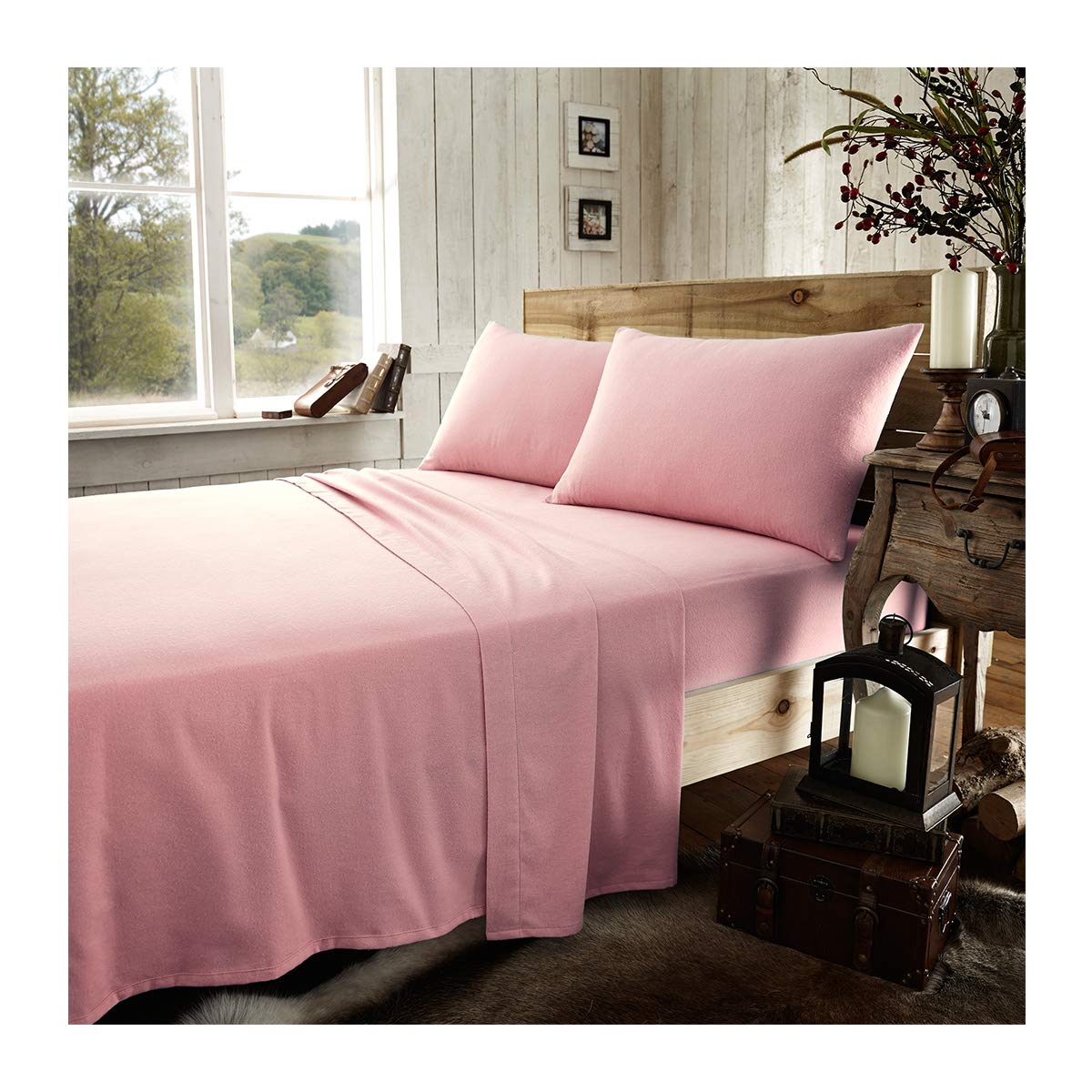 Gaveno Cavailia Luxury Brushed 100% Cotton Plain Dyed Flannel Flat Sheet, [ Single - Pink ]