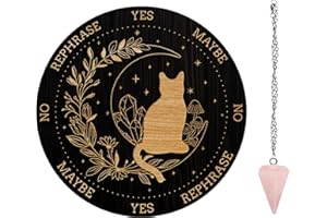 AHANDMAKER 7.8" Witch Pendulum Board, Wooden Dowsing Planchette with Rose Quartz Crystal Dowsing Pendulums Witchcraft Divination Tools for Spirit Altar Decoration - Cat Moon Garland