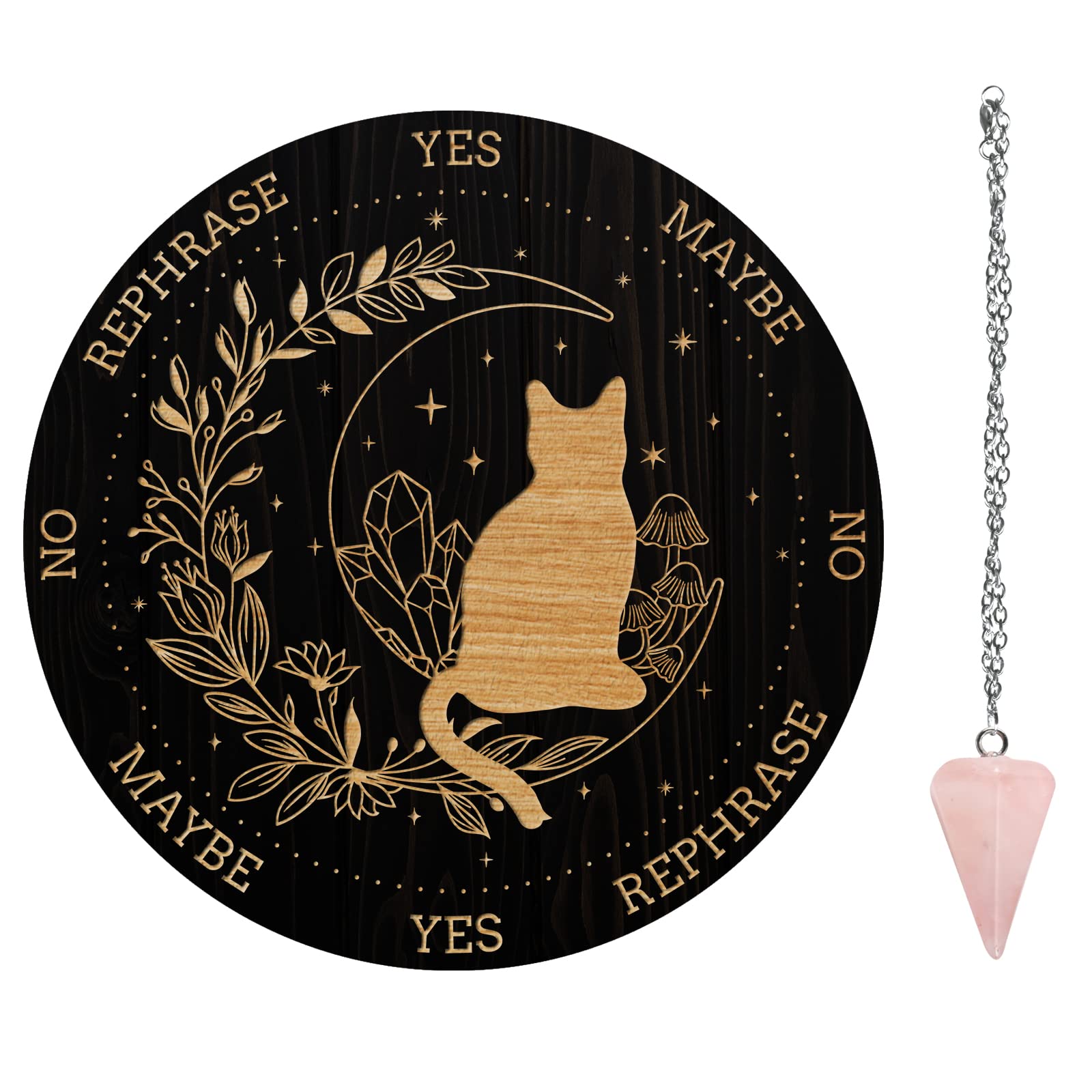 AHANDMAKER Cat Moon Garland Pendulum Board, 7.8" Dowsing Divination Metaphysical Message Board Wooden Carven Board with Crystal Pendulum Necklace Divination for Witchcraft Wiccan Altar Supplies Kit