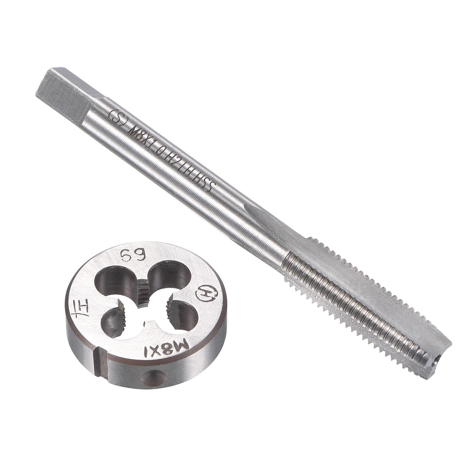 sourcing map M8 x 1mm Metric Left Hand Tap and Die Set, Machine Thread Screw Tap with Round Threading Die, Tap & Die Kit for Nut Screw Bolt Thread Repair
